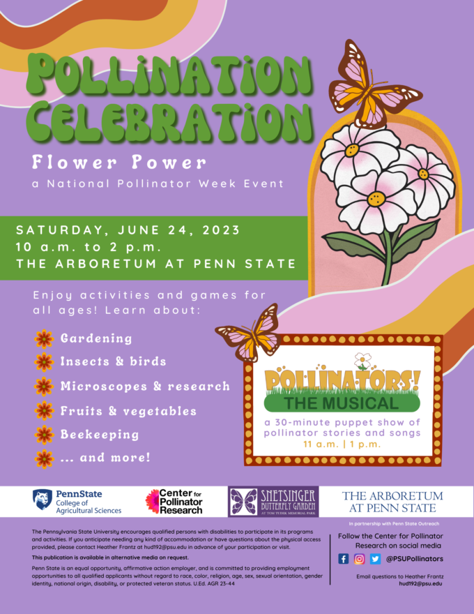 purple flyer for Pollination Celebration with groovy butterflies and wavy lines