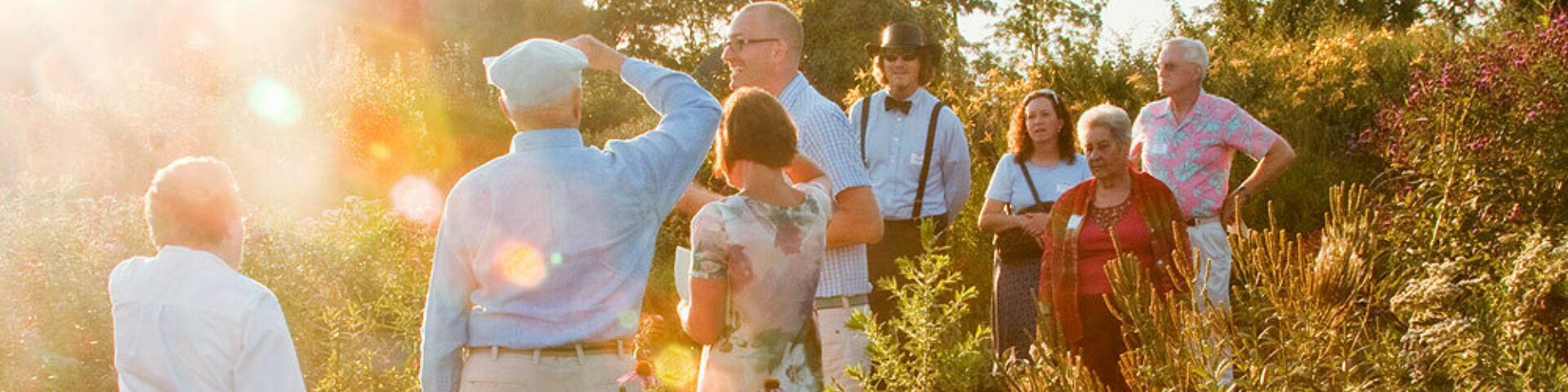 Group of researchers standing together in a field of wildflowers at sunset