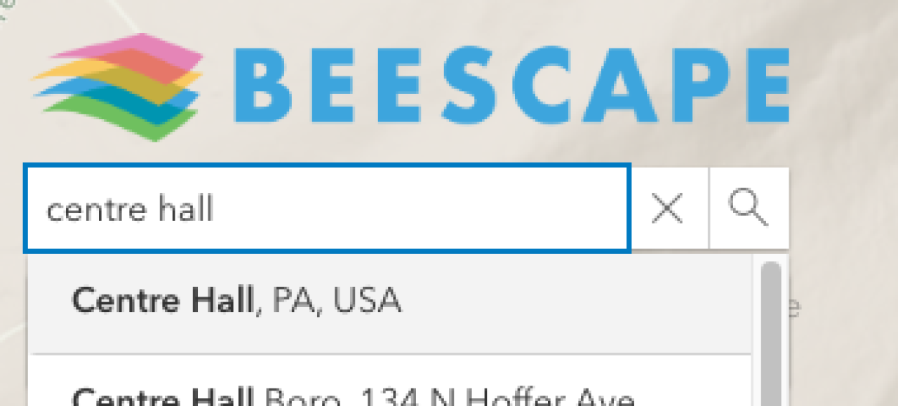 Screenshot of "centre hall" entered into search box of Beescape and autocomplete options showing "Centre Hall, PA, USA"