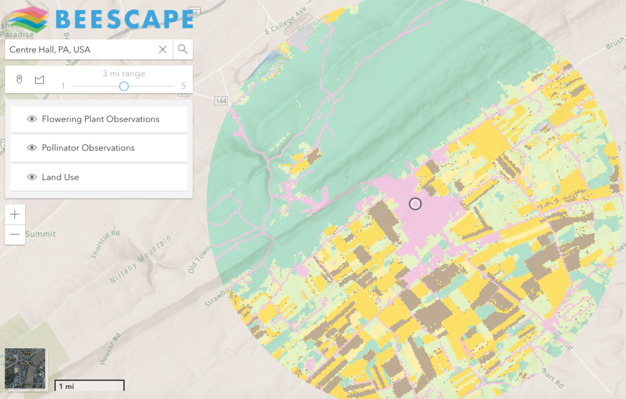 Screenshot of Beescape with 3 mile land use circle on Centre Hall, PA