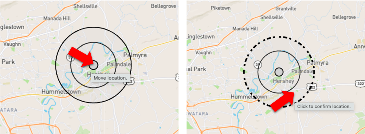 Screenshot of Beescape interface indicating to click the outer circle to confirm the location, and the center circle to change the location