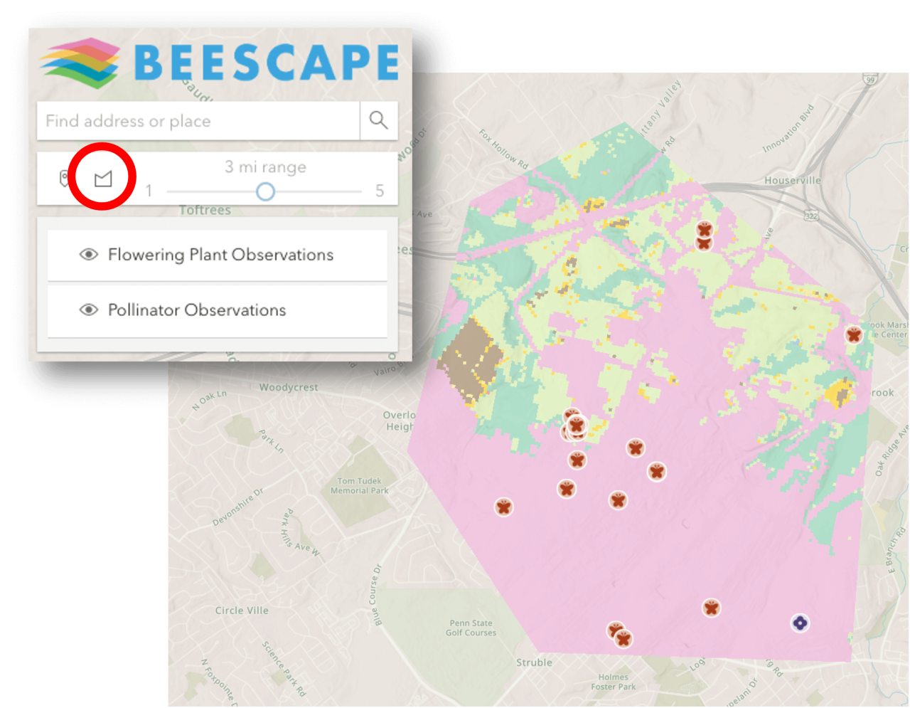 Screenshot of the Beescape interface with the polygon icon circled.