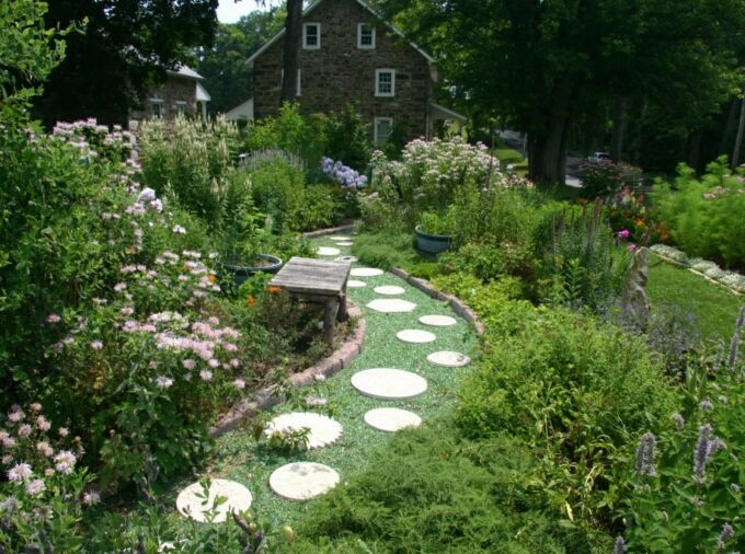 Sample certified pollinator habitat with a stepping stone walking path, and many species of native plants and flowers