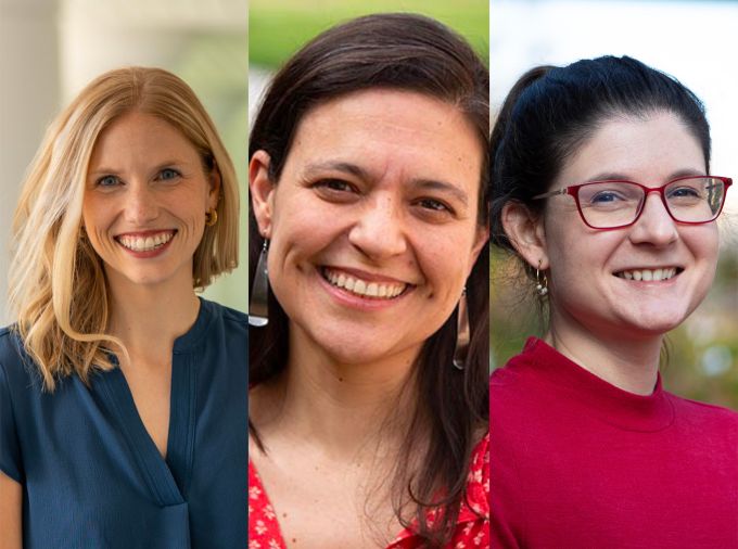 Three Penn State researchers have been awarded the highest honor the United States government bestows on early-career scientists and engineers. They are (from left to right): Catherine Berdanier, associate professor of mechanical engineering; Margarita Lopez-Uribe, Lorenzo L. Langstroth Early Career Professor and associate professor of entomology; and Lauren Zarzar, professor of chemistry. Credit: Penn State. Creative Commons