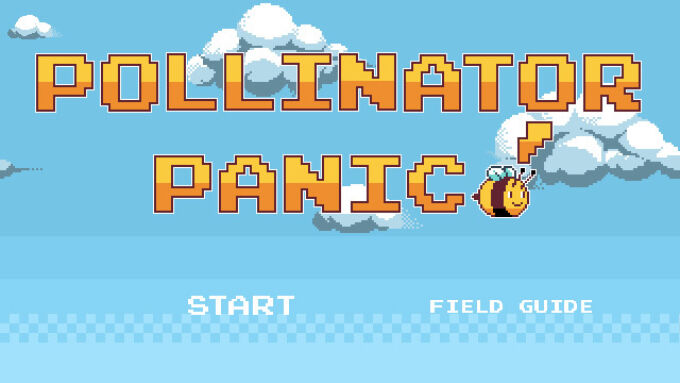 Screenshot of a video game with blue sky gradient background, a cartoon bee, and the title Pollinator Panic