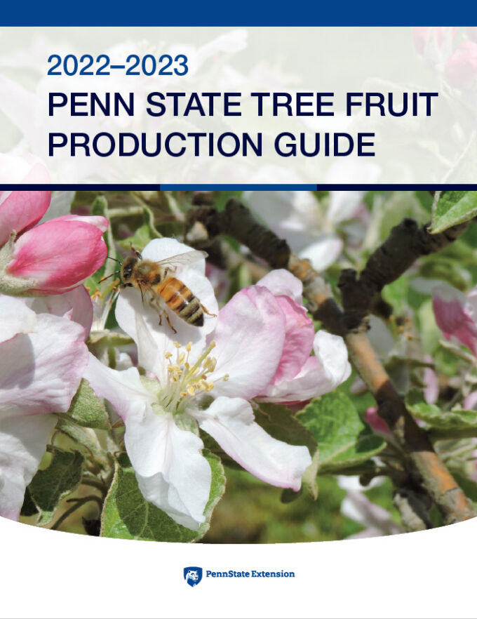 Document cover featuring white flowers with a bee on one of the petals. Title of the document reads 2022-2023 Penn State Tree Fruit Production Guide